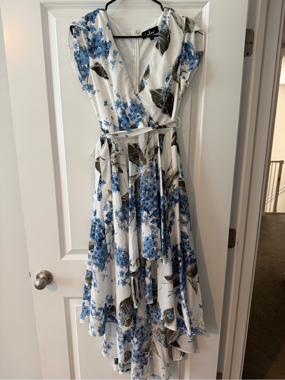 Lulu's White Dress with Blue Floral Print High-Low Hem